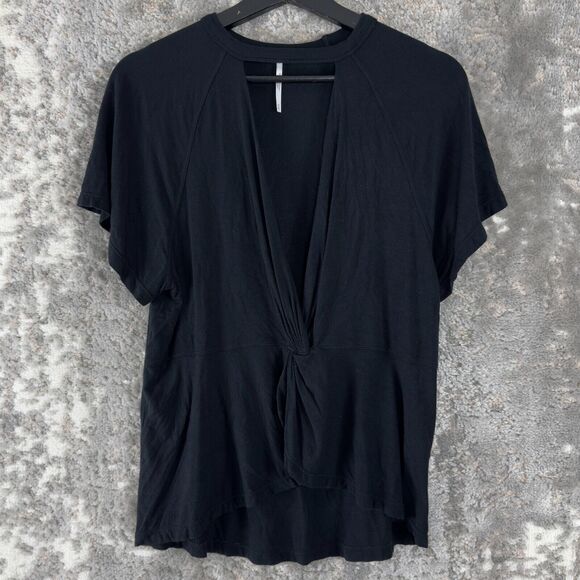 Free People Size M Faux Wrap Stretch Casual Top Black Short Sleeve Round Neck - Picture 1 of 8